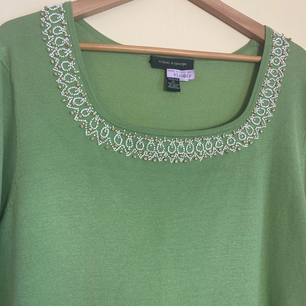 Silk Blend Beaded Knit Sweater XL Mint Green 3/4 Sleeve Quiet Luxury Coastal Top - Picture 9 of 11
